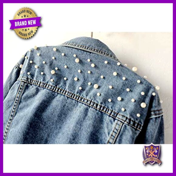 Oversized Denim Jacket Embroidered Pearl Beading Distressed Boyfriend Fit - Picture 5 of 7